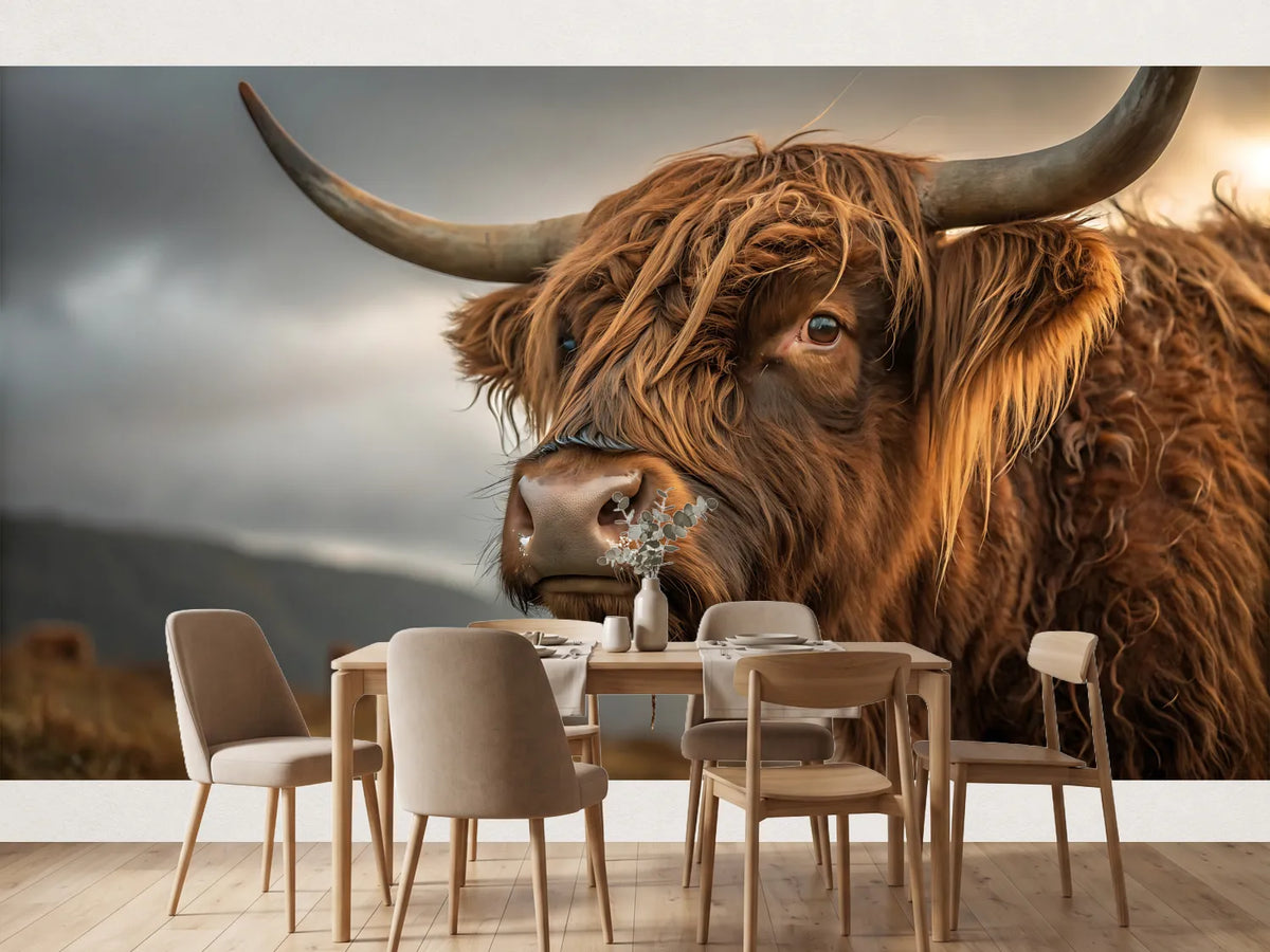 photo-wallpaper-highland-cow-close-up-with-shaggy-coat-under-a-brooding-sky