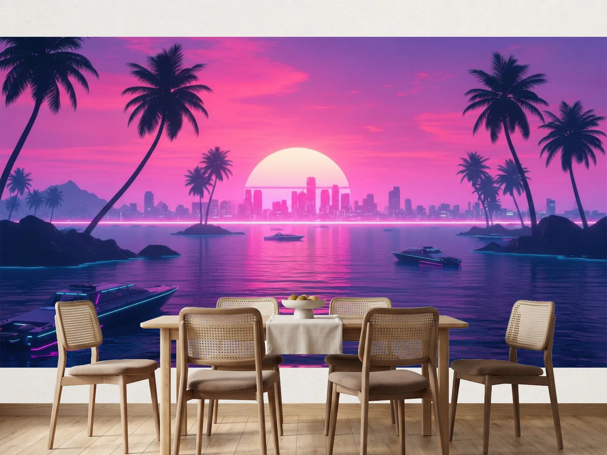 photo-wallpaper-neon-sunset-over-a-tropical-bay-with-palms-and-a-distant-skyline