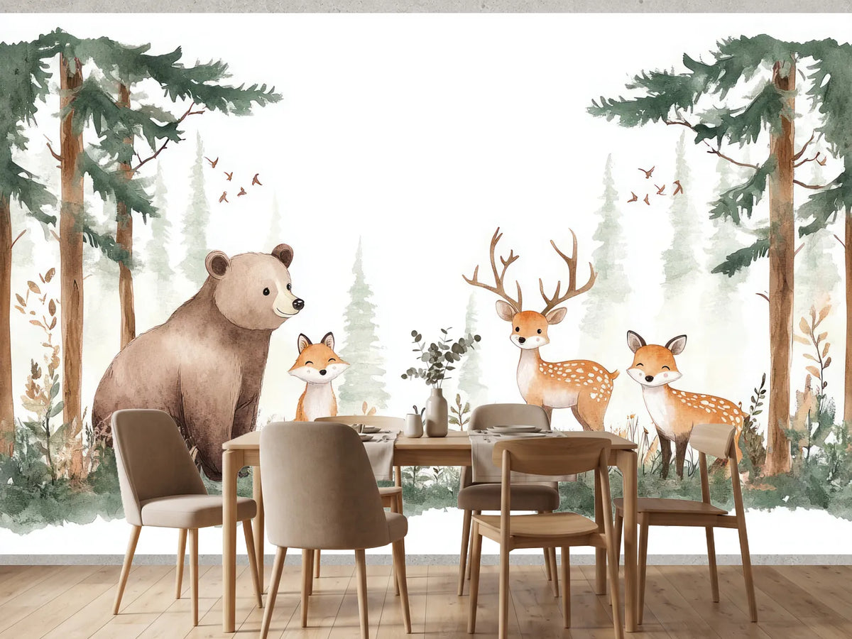 photo-wallpaper-bear-fox-and-deer-in-a-pine-forest-painted-in-soft-watercolour