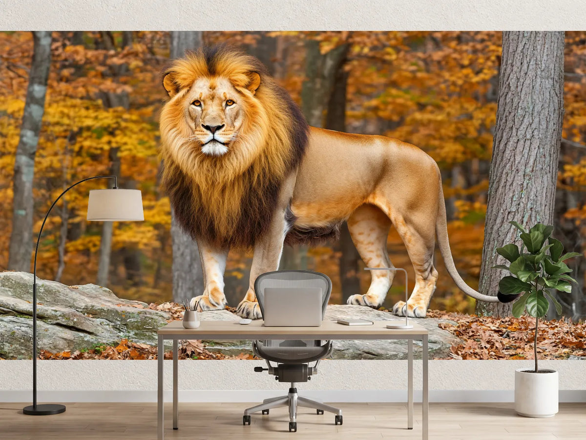 photo-wallpaper-lion-on-a-rock-in-a-golden-autumn-forest