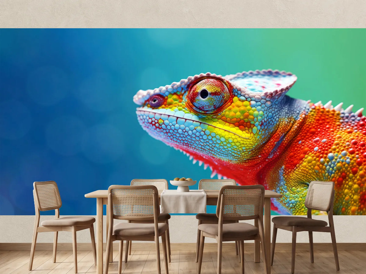photo-wallpaper-colorful-chameleon-on-a-blue-background-generative-ai