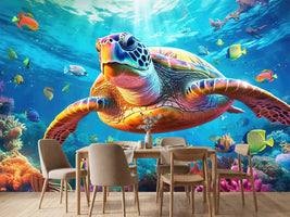 photo-wallpaper-sea-turtle-gliding-over-a-vivid-coral-reef-full-of-tropical-fish