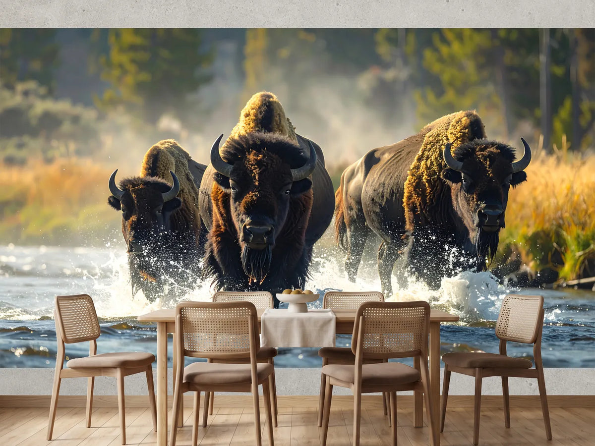 photo-wallpaper-bison-wading-through-a-sunlit-river-amid-flying-spray