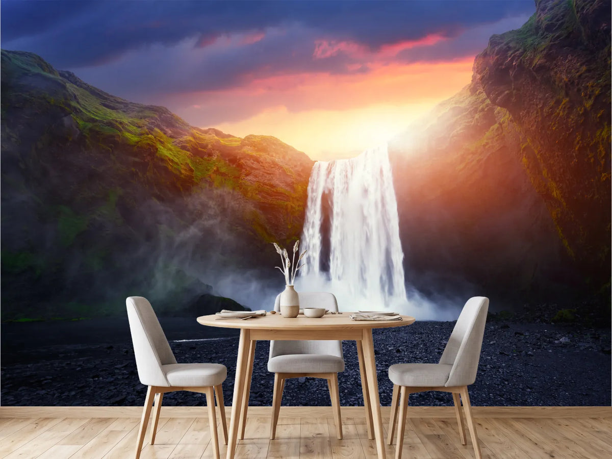 photo-wallpaper-skogafoss-glowing-at-sunset-icelands-thundering-waterfall