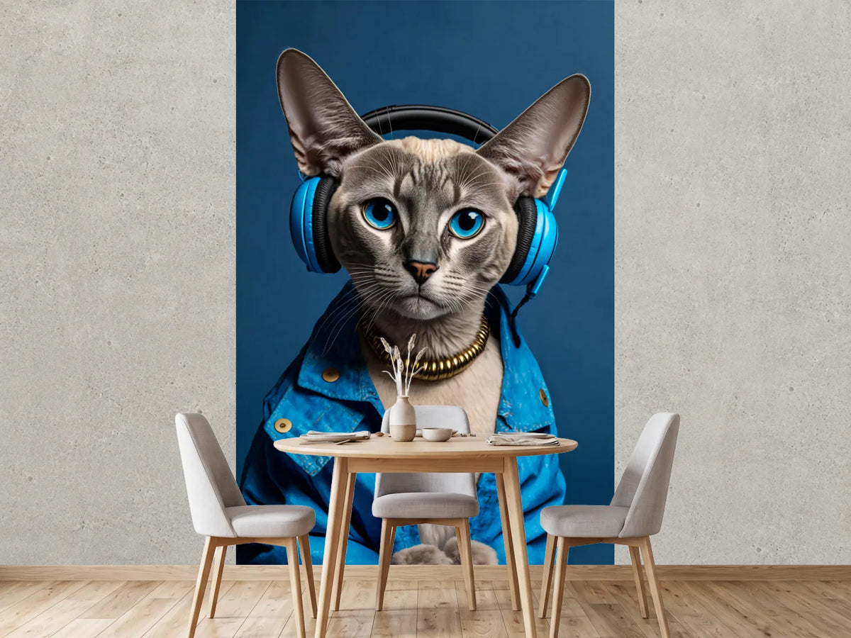photo-wallpaper-cat-in-blue-headphones-and-a-denim-jacket-against-deep-blue