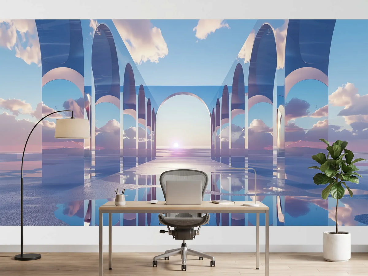 photo-wallpaper-mirrored-arches-above-still-water-at-sunset