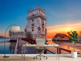 photo-wallpaper-belem-tower-at-fiery-sunset-with-red-walkway-over-the-tagus