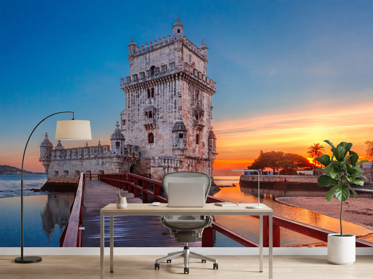 photo-wallpaper-belem-tower-at-fiery-sunset-with-red-walkway-over-the-tagus