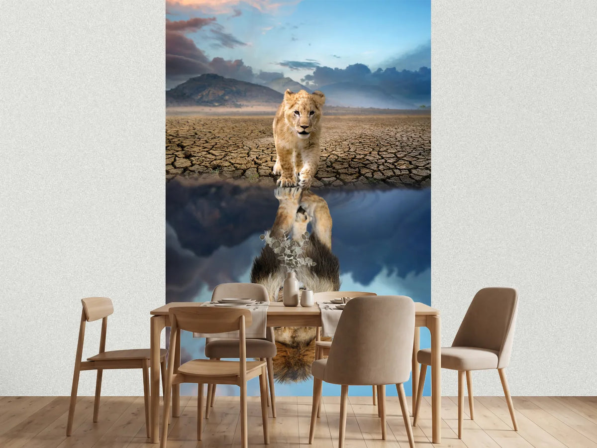 photo-wallpaper-lion-cub-looking-the-reflection-of-an-adult-lion-in-the-water