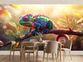 photo-wallpaper-colourful-chameleon-on-a-branch-in-golden-backlight