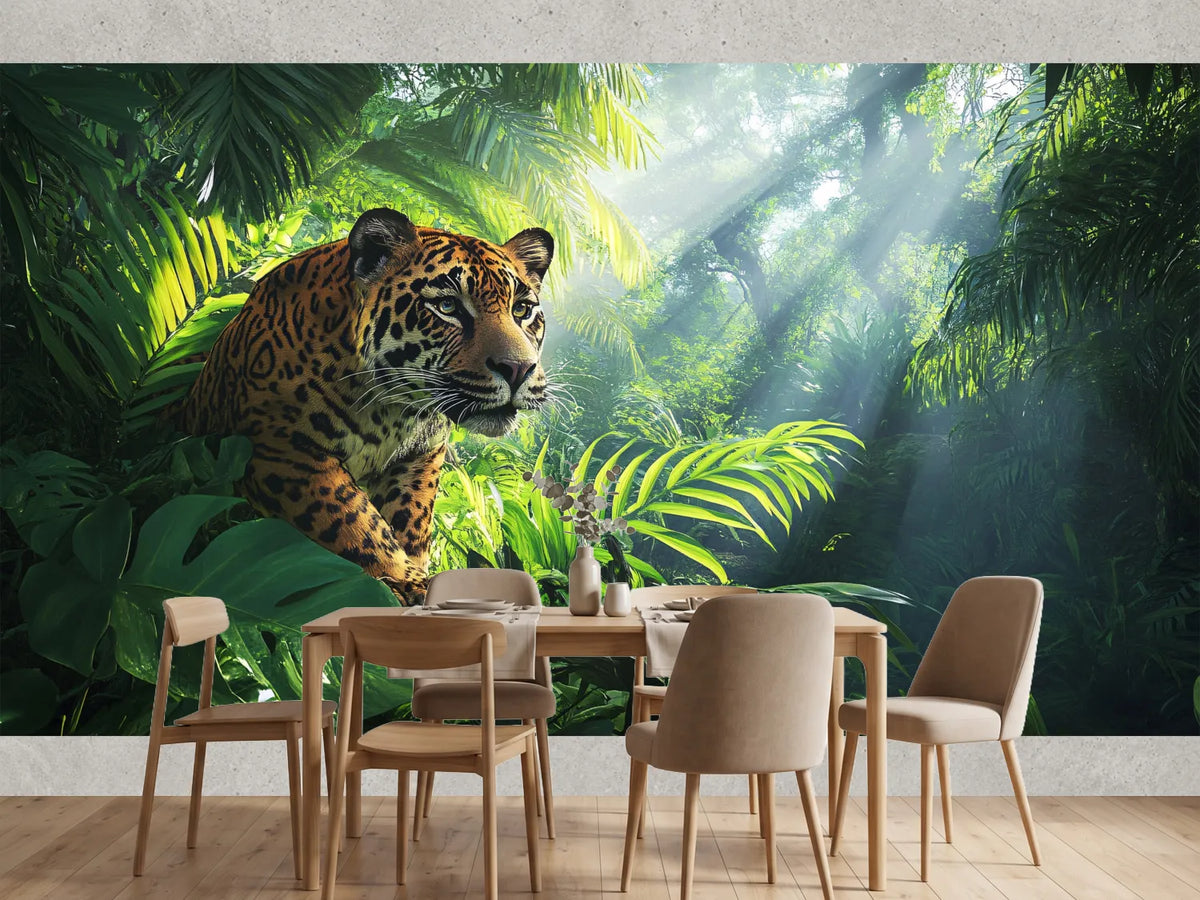 photo-wallpaper-jaguar-in-green-jungle-with-sunbeams-through-the-leaves