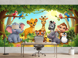 photo-wallpaper-cheerful-baby-jungle-animals-in-bright-sunshine-colourful-cartoon-style