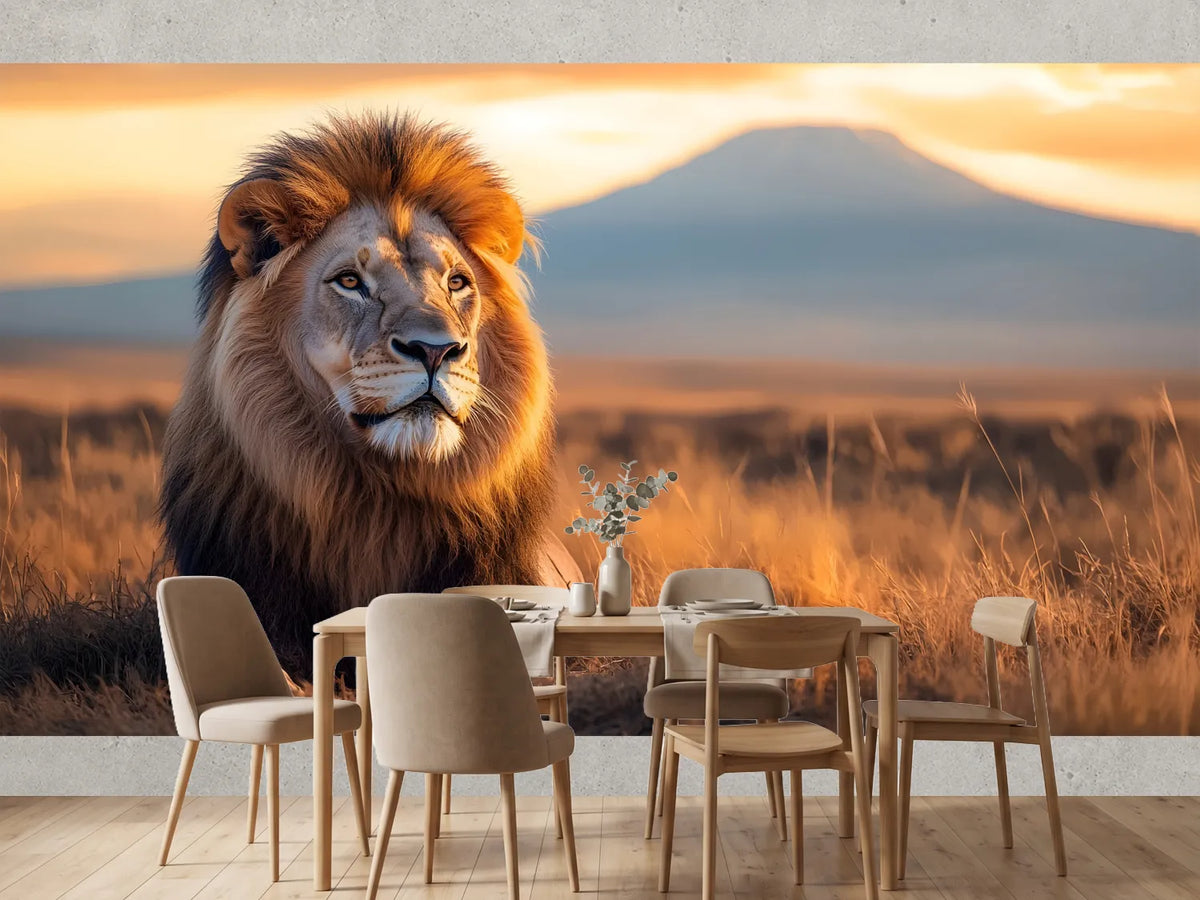 photo-wallpaper-lion-in-the-savannah-at-golden-hour-with-a-mountain-on-the-horizon