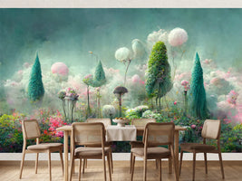 photo-wallpaper-dreamlike-misty-garden-with-drifting-blossoms-and-teal-tree-cones