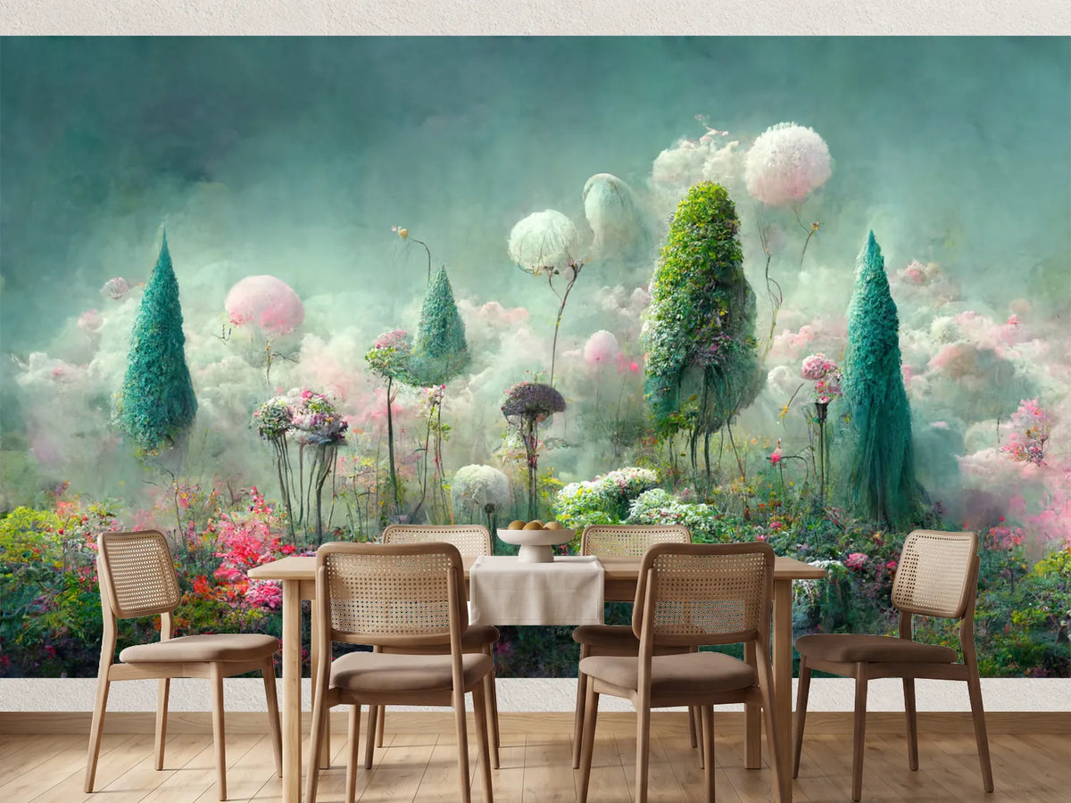 photo-wallpaper-dreamlike-misty-garden-with-drifting-blossoms-and-teal-tree-cones