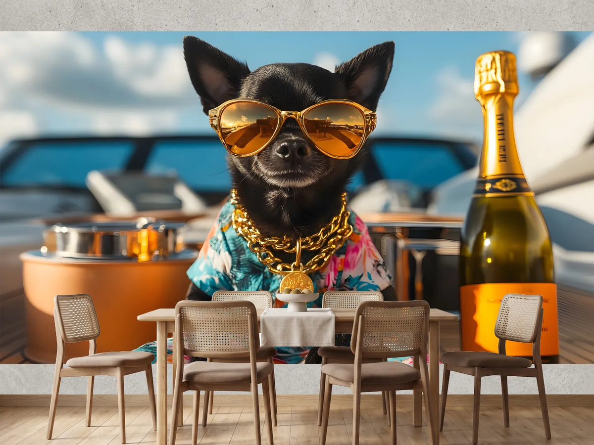 photo-wallpaper-chihuahua-in-golden-shades-and-gold-chain-on-deck-with-champagne