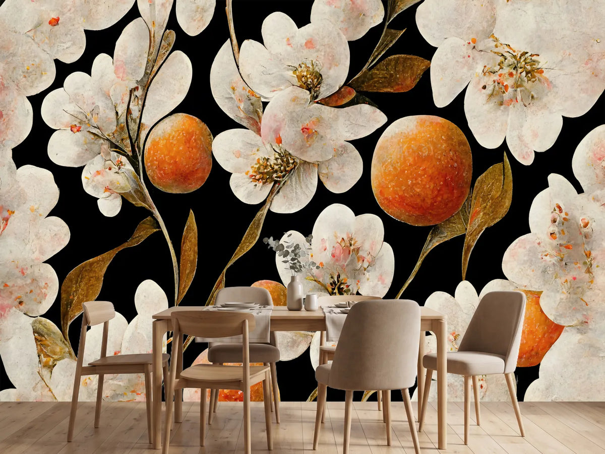 photo-wallpaper-white-flowers-and-oranges-on-deep-black