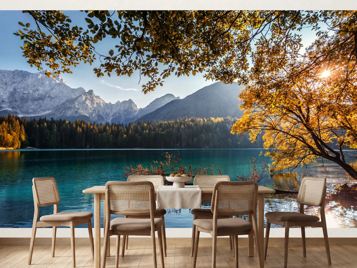 photo-wallpaper-turquoise-mountain-lake-in-autumn-foliage-backlight-over-the-peaks
