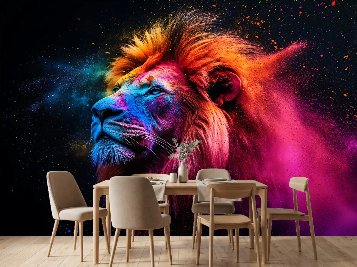 photo-wallpaper-lion-in-profile-amid-pink-and-orange-colour-powder