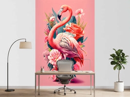 photo-wallpaper-flamingo-among-roses-and-foliage-on-soft-pink