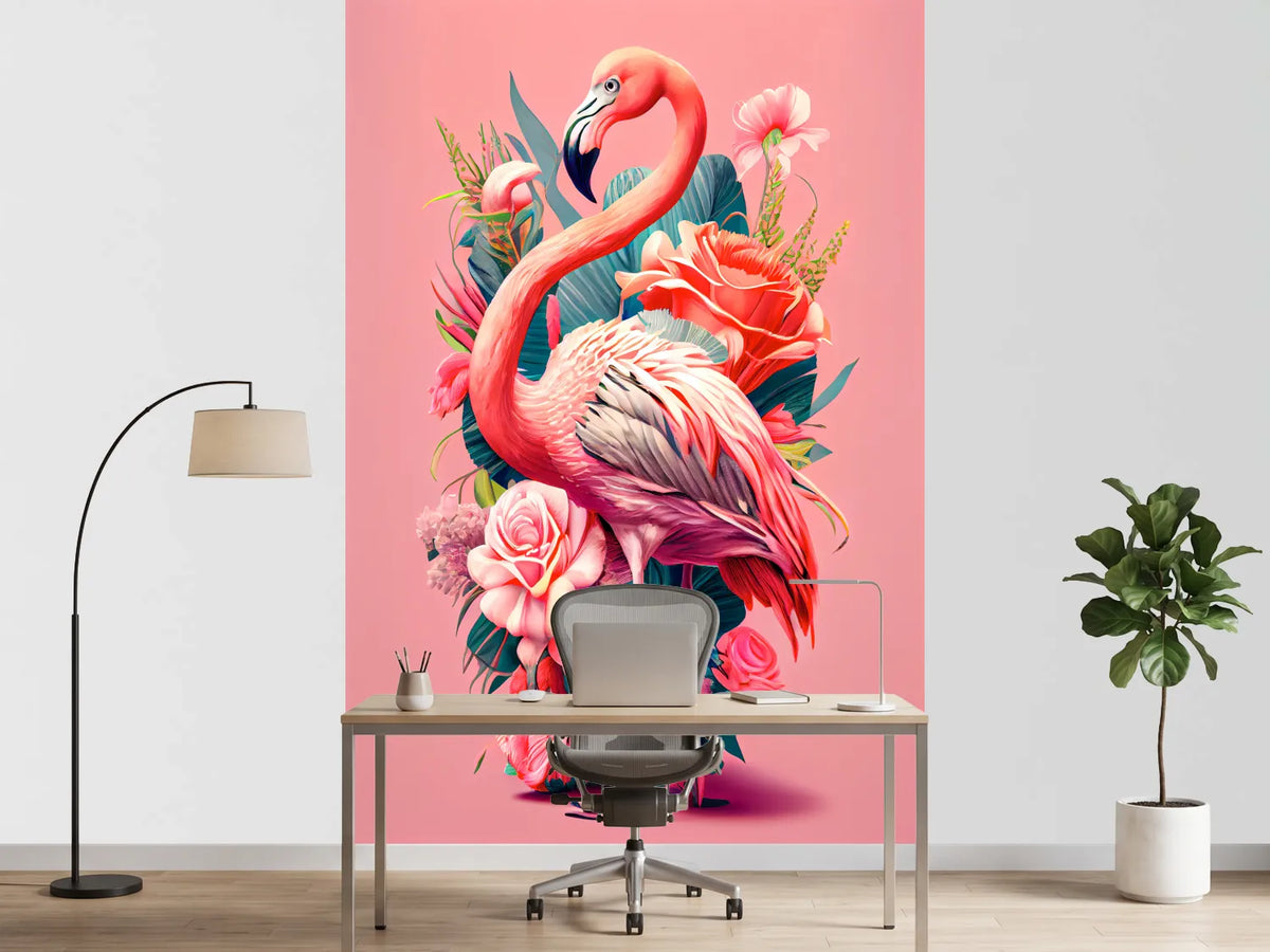 photo-wallpaper-flamingo-among-roses-and-foliage-on-soft-pink
