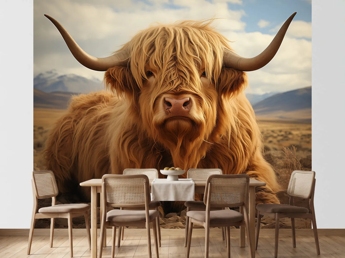 photo-wallpaper-shaggy-highland-cow-resting-before-a-wide-mountain-steppe