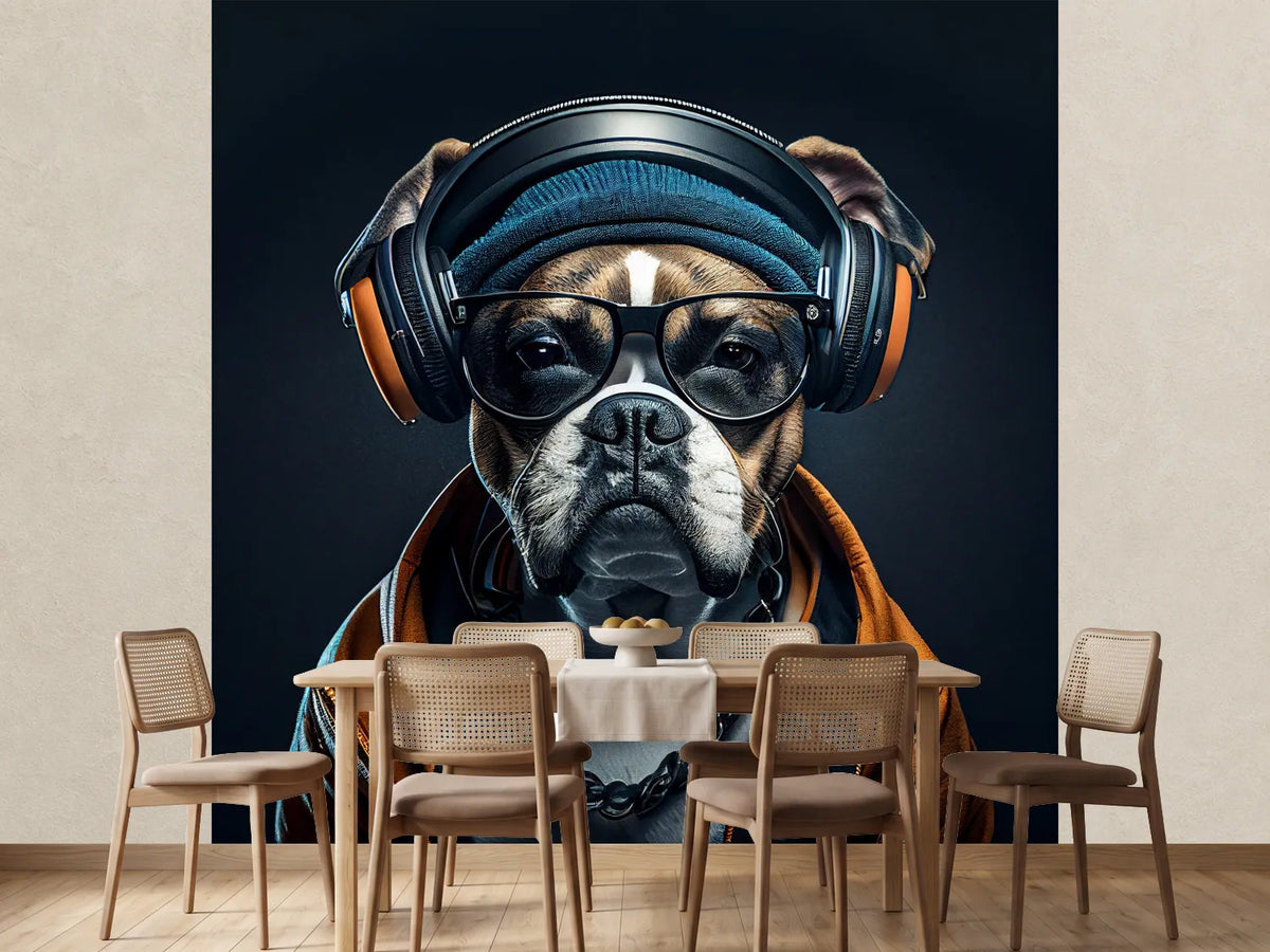 photo-wallpaper-portrait-of-dog-wearing-hat-and-headphone-with-generative-ai