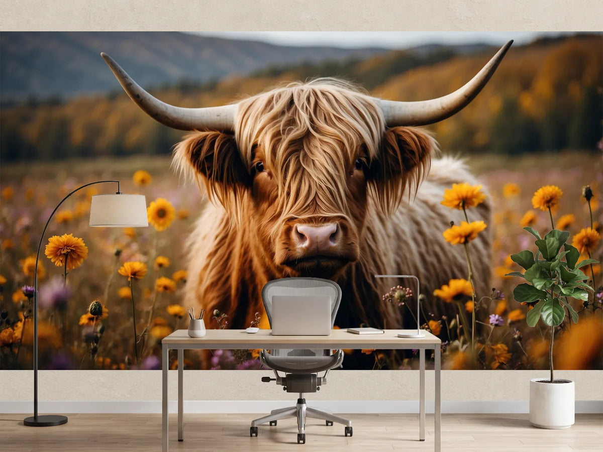 photo-wallpaper-highland-cow-among-yellow-wildflowers-with-shaggy-golden-coat