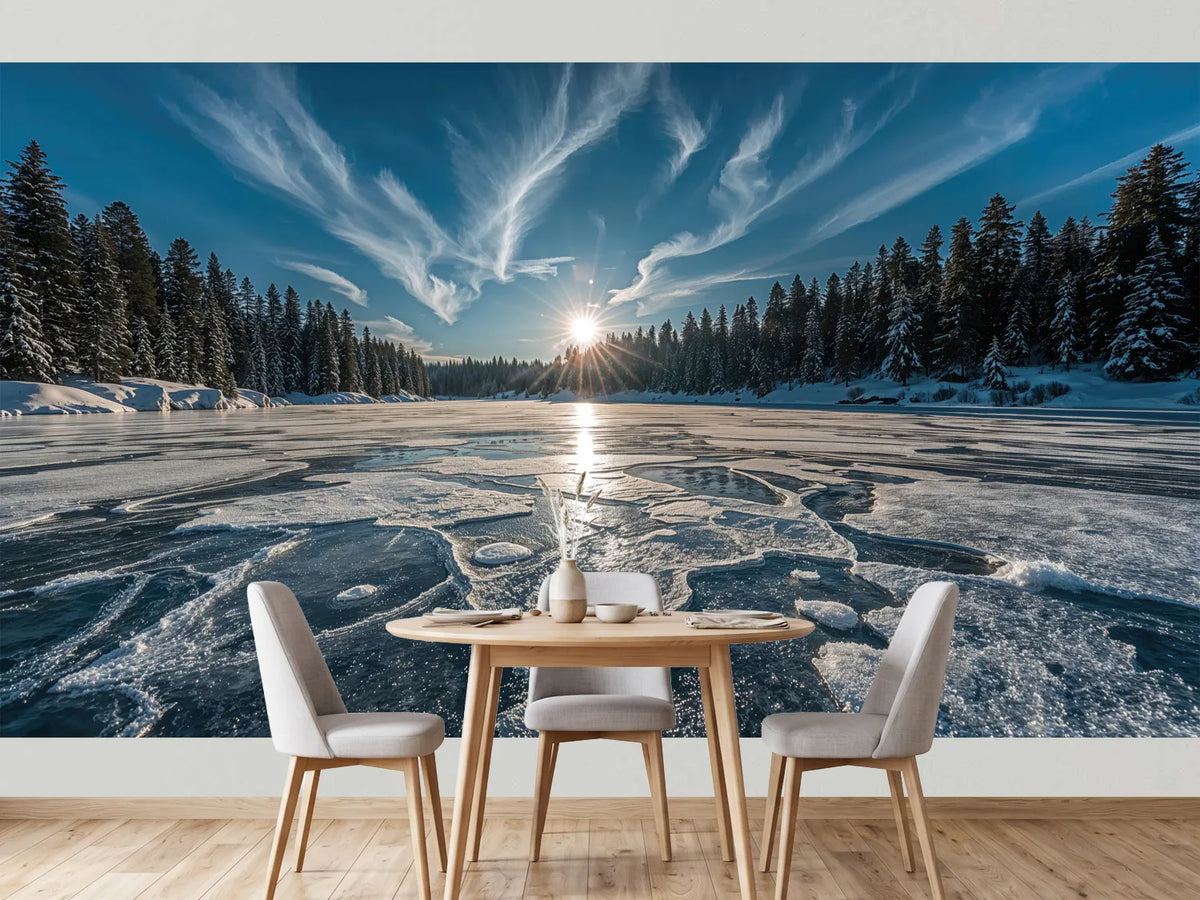 photo-wallpaper-frozen-lake-with-sunburst-over-snowy-conifer-forest