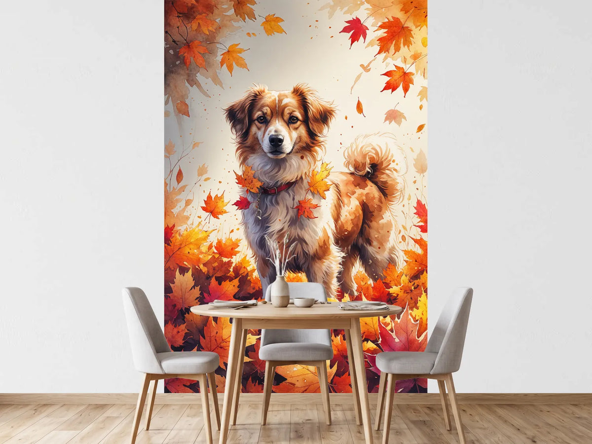 photo-wallpaper-cute-dog-in-autumn-leaves-watercolor-illustration