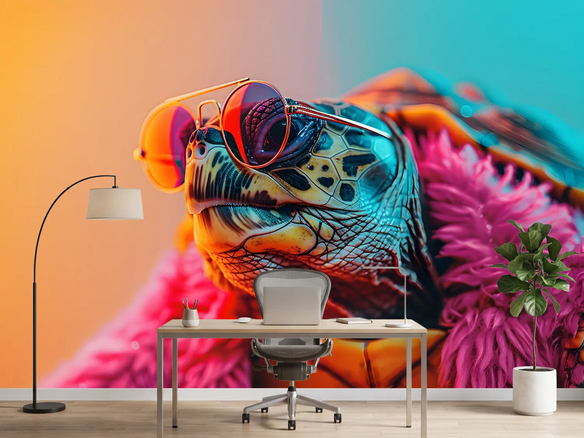 photo-wallpaper-turtle-in-round-sunglasses-against-neon-pink-and-turquoise