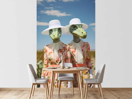 photo-wallpaper-two-dinosaur-ladies-in-floral-dresses-and-white-sun-hats