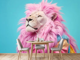 photo-wallpaper-lion-with-pink-mane-in-a-colourful-jumper-on-turquoise