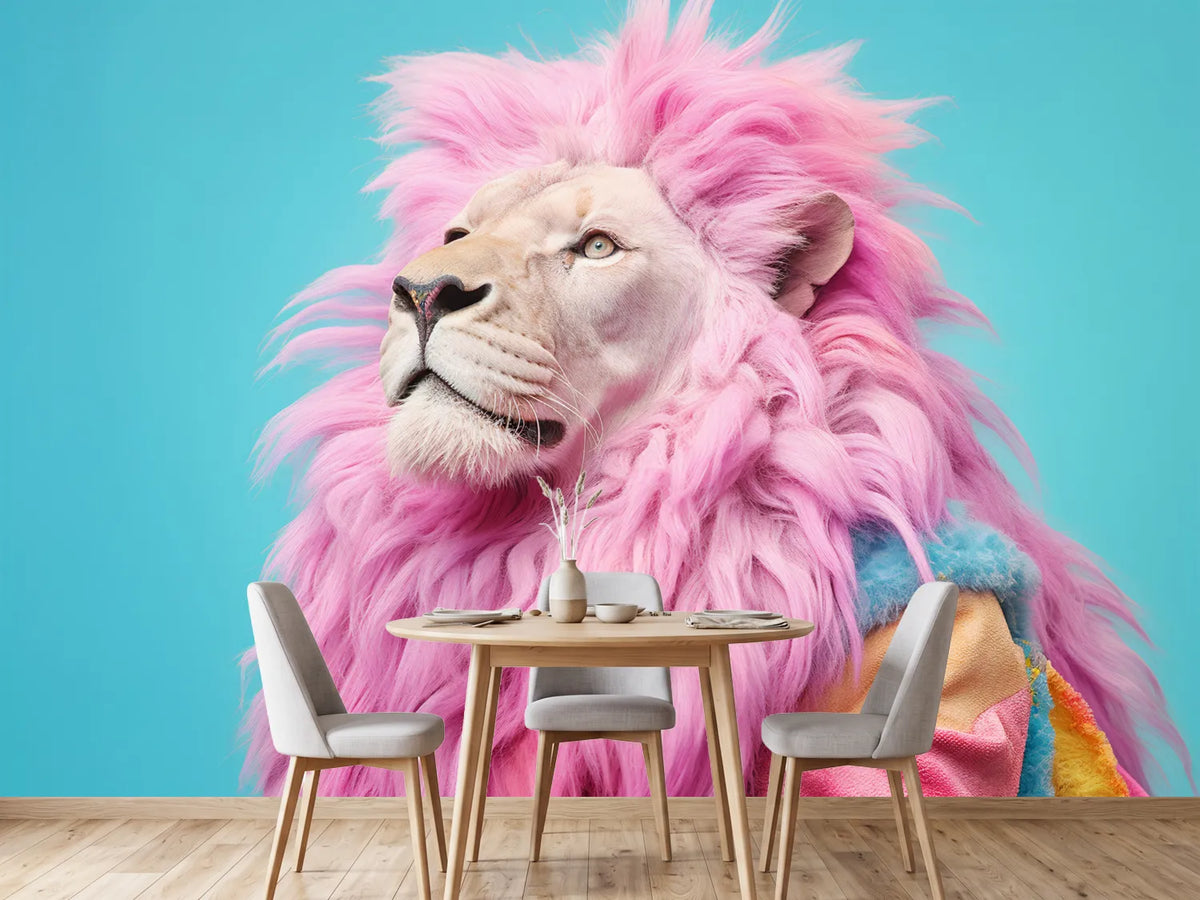 photo-wallpaper-lion-with-pink-mane-in-a-colourful-jumper-on-turquoise