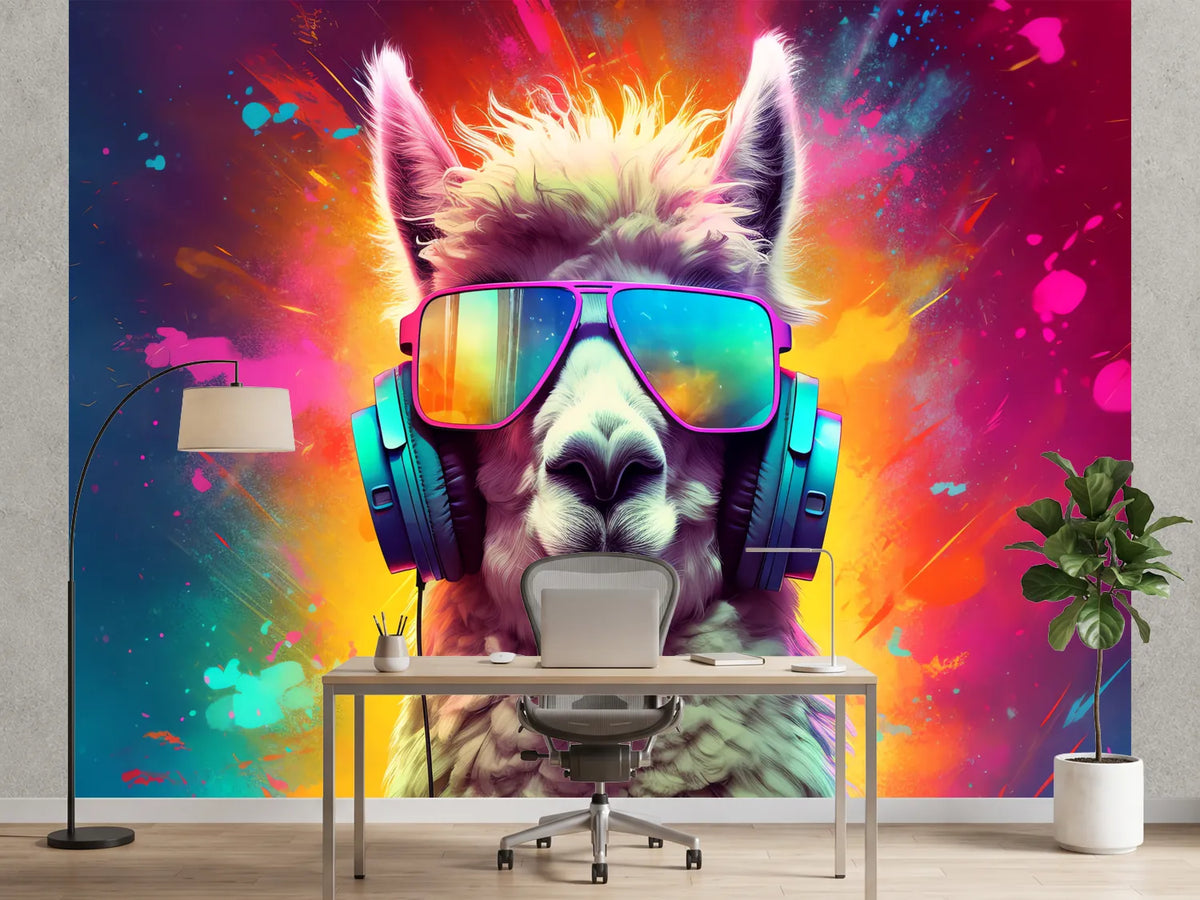 photo-wallpaper-llama-in-headphones-and-mirrored-shades-against-a-neon-colour-burst