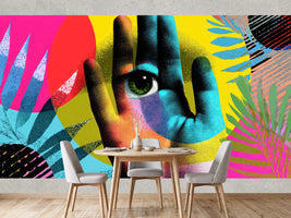 photo-wallpaper-green-eye-in-an-open-palm-amid-neon-pop-art-shapes