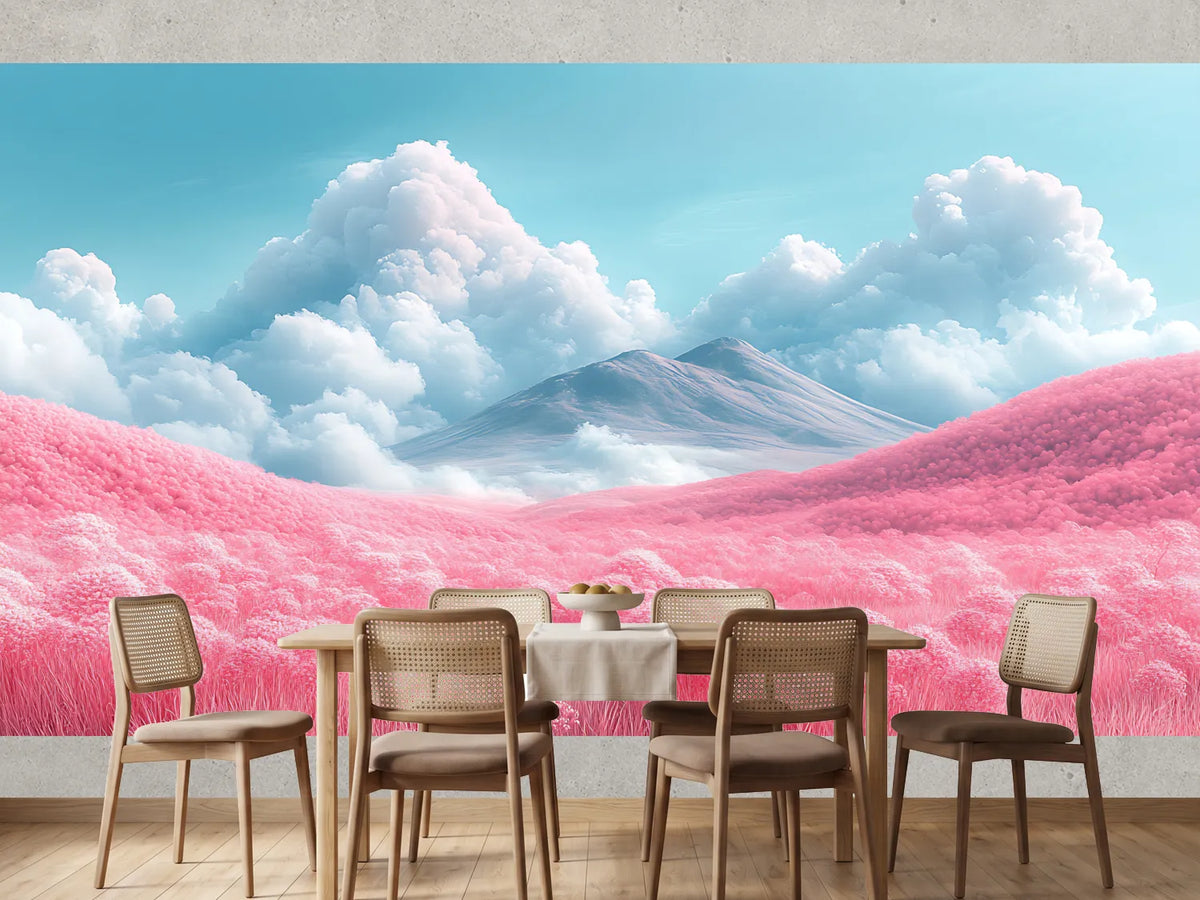 photo-wallpaper-pink-rolling-hills-before-a-volcanic-peak-under-towering-clouds