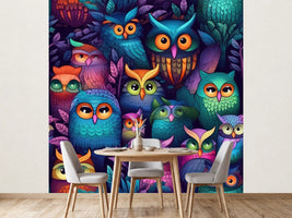 photo-wallpaper-colourful-owls-in-dark-night-foliage-glowing-illustration