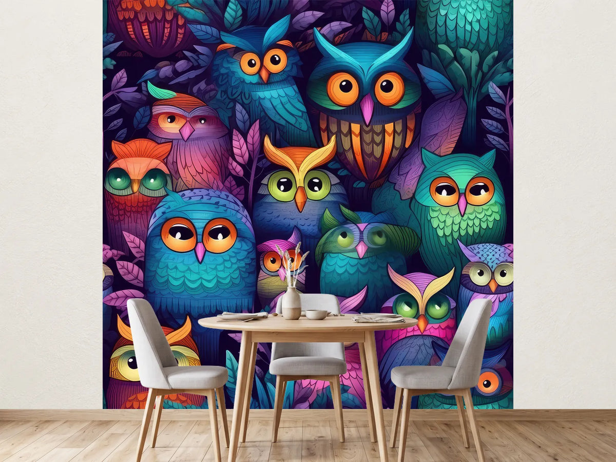 photo-wallpaper-colourful-owls-in-dark-night-foliage-glowing-illustration