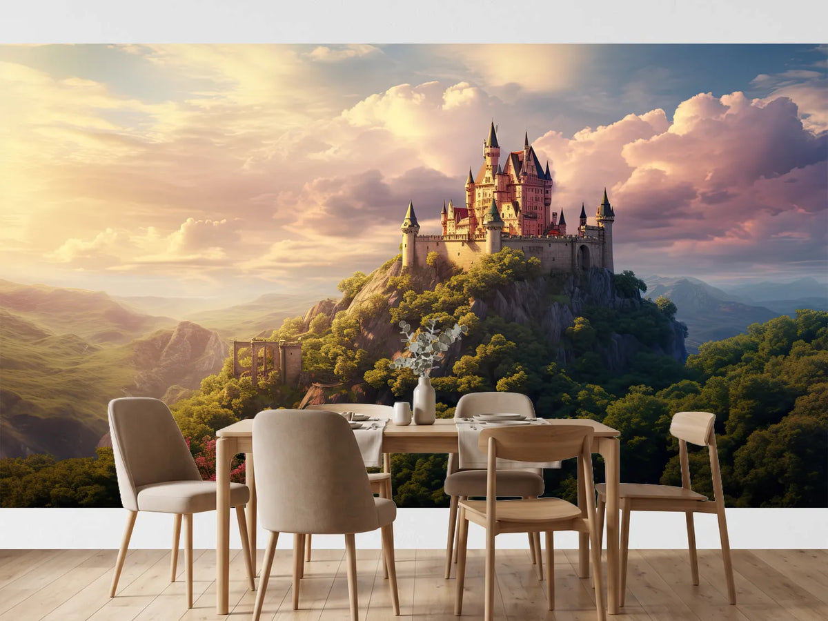 photo-wallpaper-fairytale-castle-on-a-wooded-crag-in-golden-evening-light