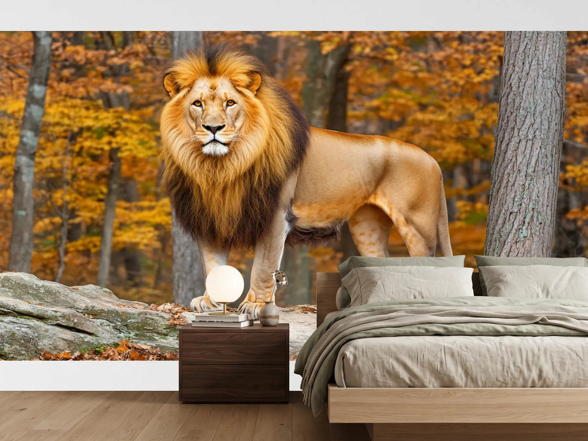 photo-wallpaper-lion-on-a-rock-in-a-golden-autumn-forest