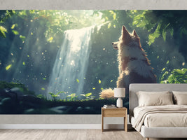 photo-wallpaper-wolf-by-a-forest-waterfall-in-a-beam-of-light