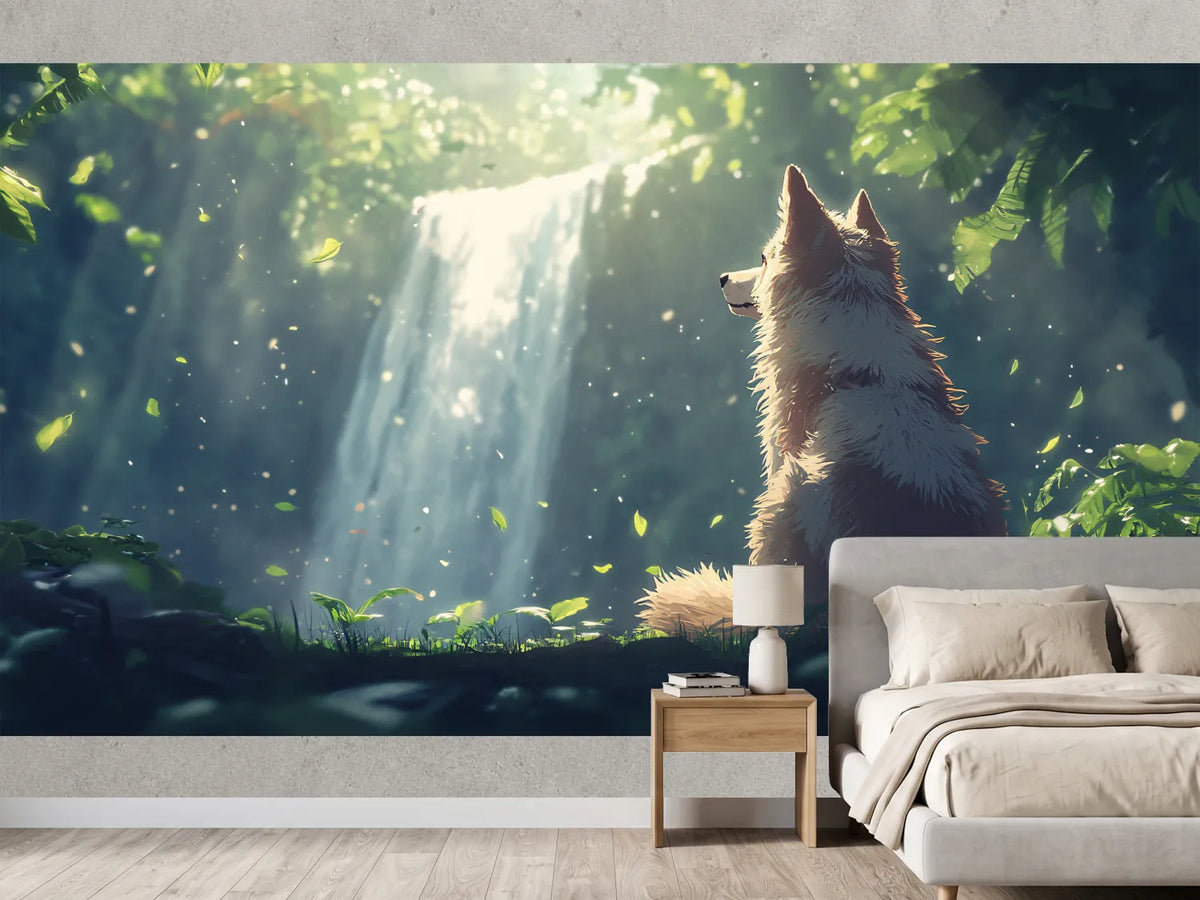 photo-wallpaper-wolf-by-a-forest-waterfall-in-a-beam-of-light