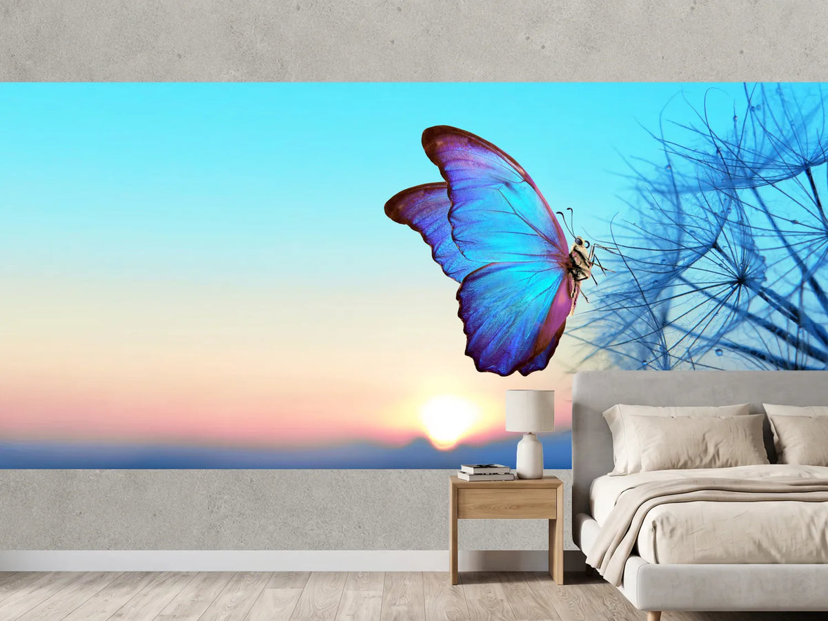 photo-wallpaper-blue-morpho-butterfly-on-a-dandelion-seed-head-at-sunrise