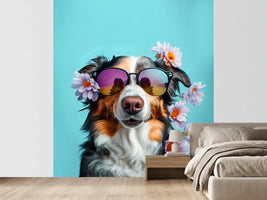 photo-wallpaper-dog-in-sunglasses-with-blossoms-on-turquoise