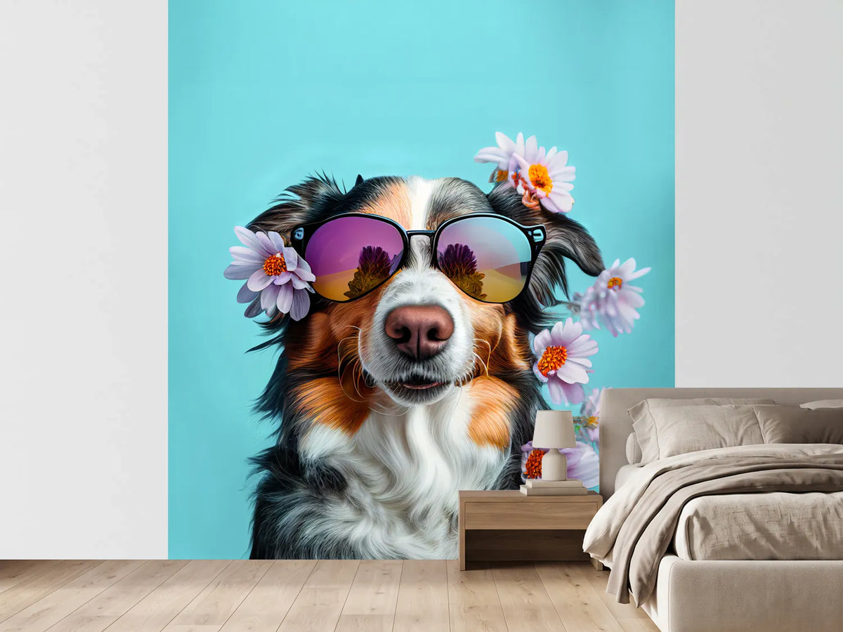 photo-wallpaper-dog-in-sunglasses-with-blossoms-on-turquoise