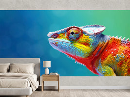 photo-wallpaper-colorful-chameleon-on-a-blue-background-generative-ai