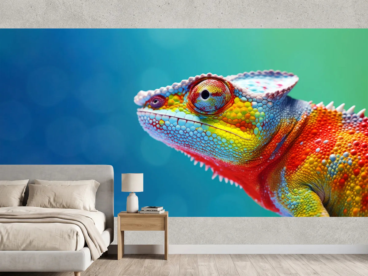 photo-wallpaper-colorful-chameleon-on-a-blue-background-generative-ai
