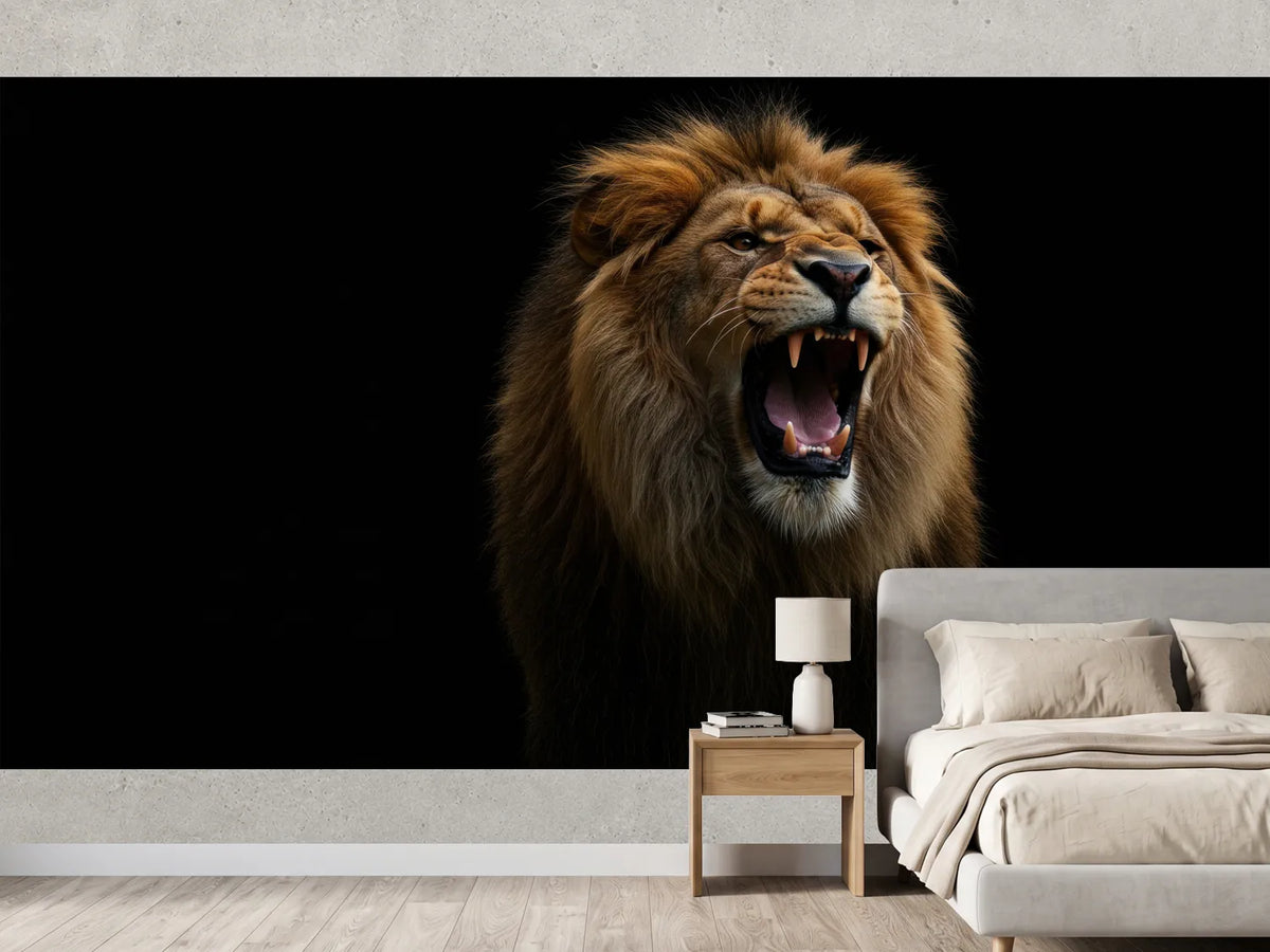 photo-wallpaper-roaring-lion-with-full-mane-against-deep-black-darkness