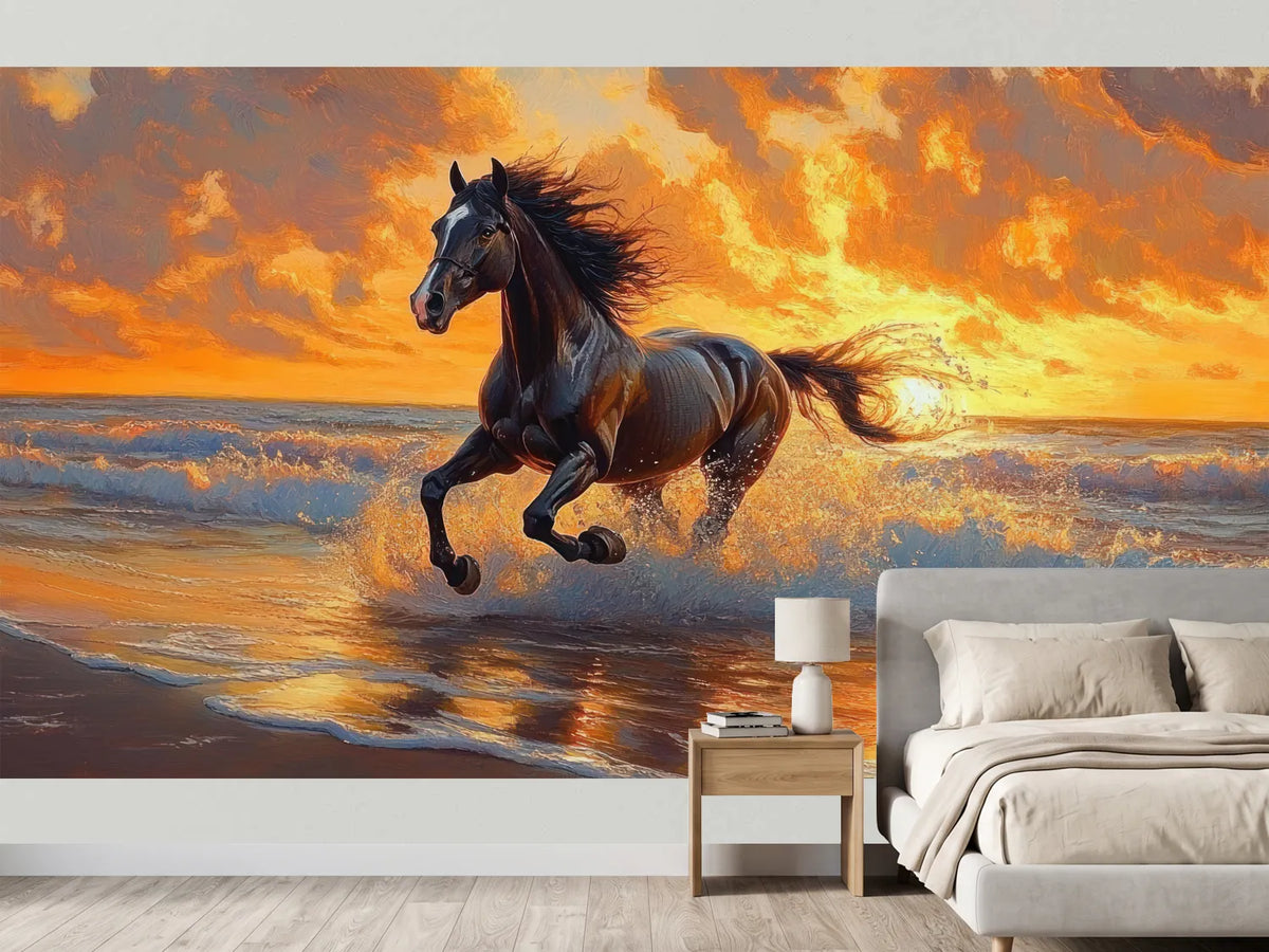 photo-wallpaper-black-horse-galloping-through-the-surf-in-golden-evening-light